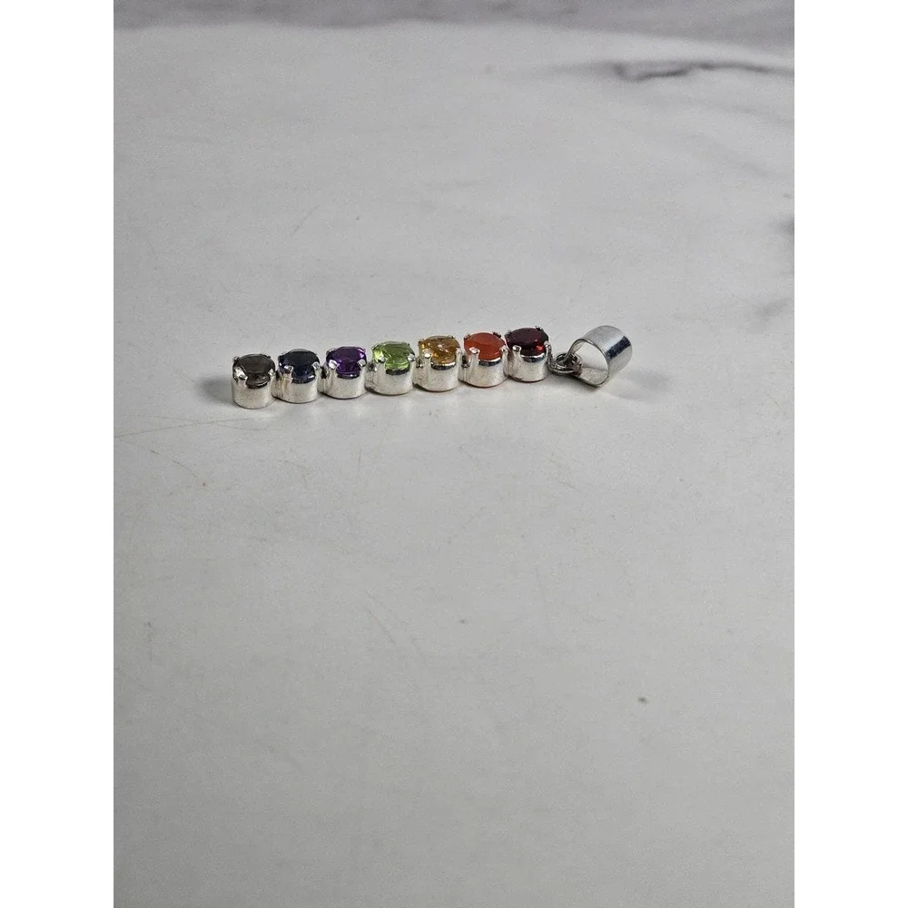 Vintage Sterling Silver Rainbow Gemstone Pendant | Multistone Vertical Charm - Picture 5 of 7
